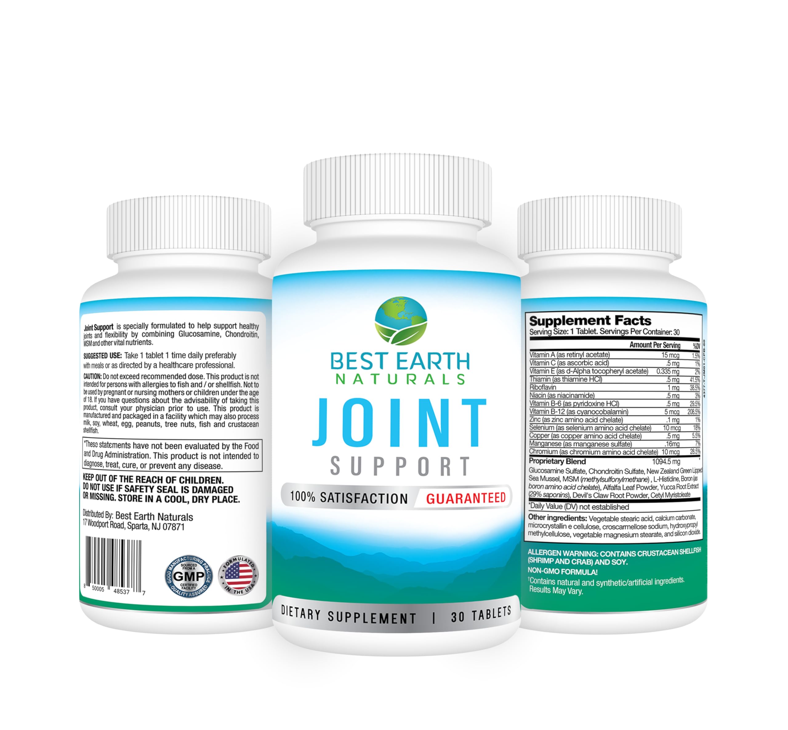 Best Earth Naturals Joint Support bottle side view, 30-day supply for joint comfort