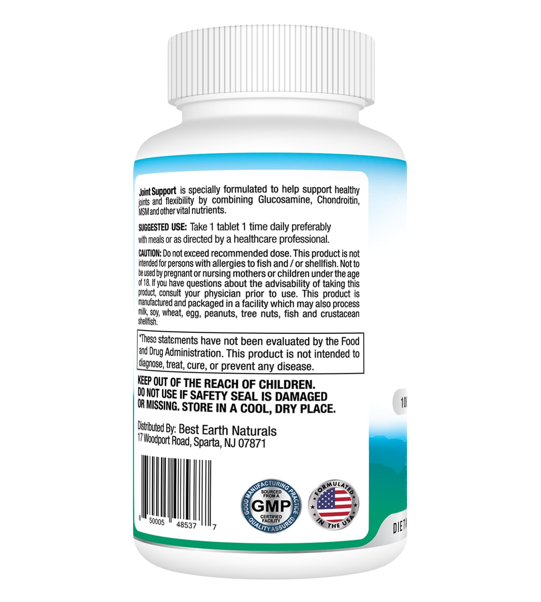 Best Earth Naturals label detail showing glucosamine, chondroitin, and MSM