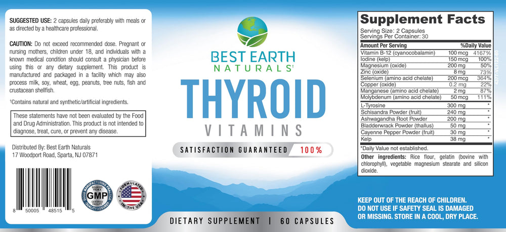 Label close-up of Best Earth Naturals thyroid support with key minerals.