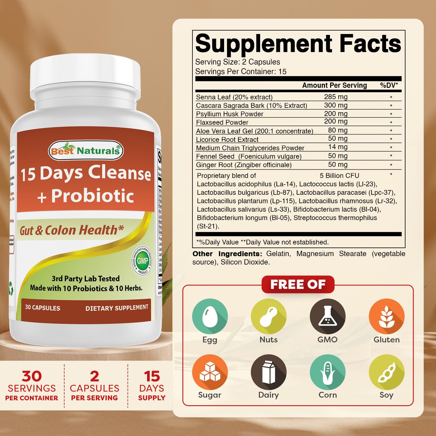 Best Naturals probiotic capsules promote gut flora balance.