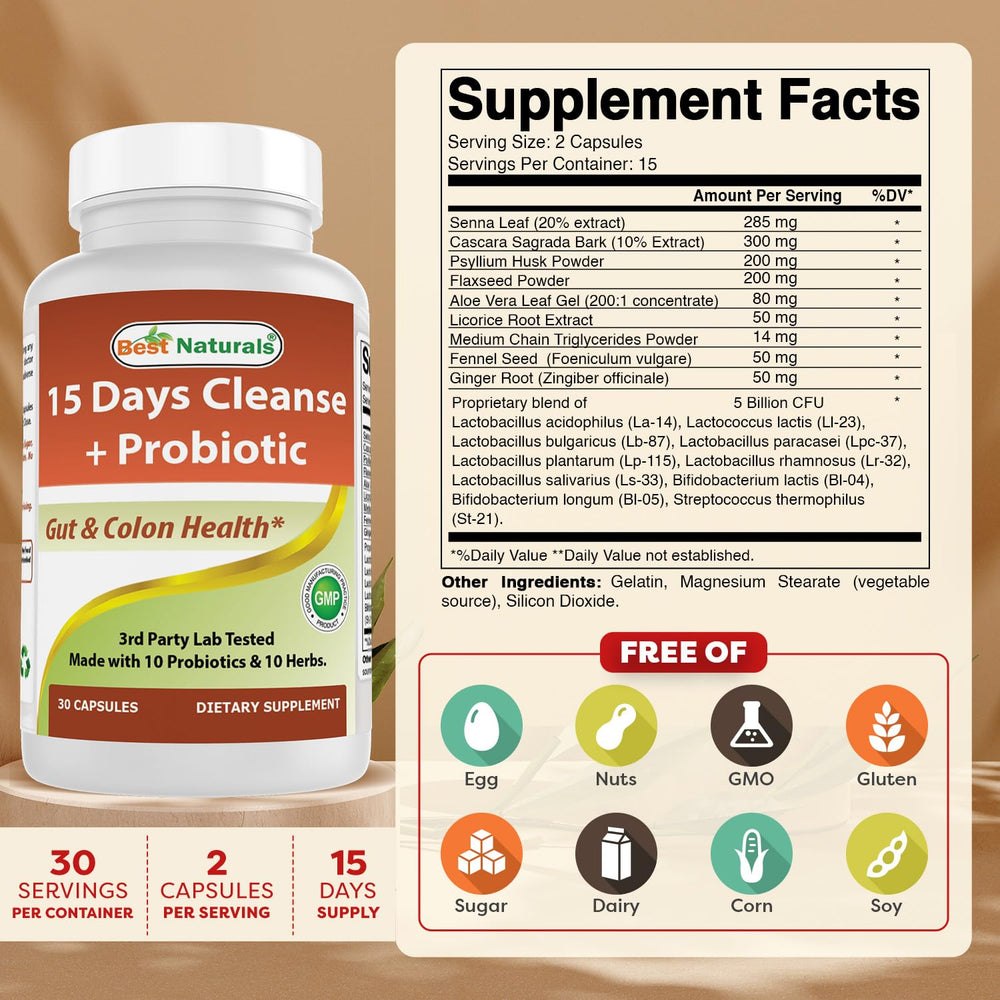 Best Naturals probiotic capsules promote gut flora balance.