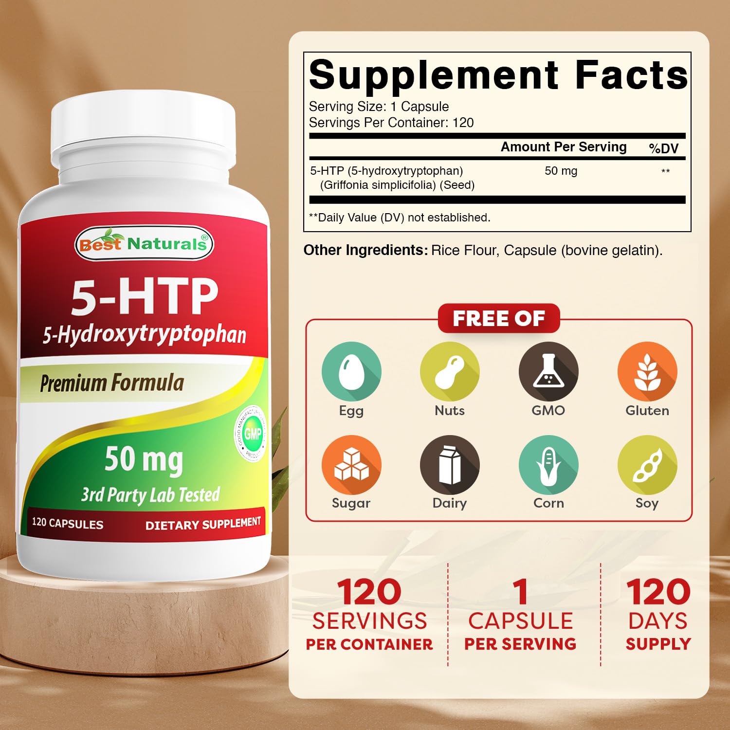 Closeup of Best Naturals 5-HTP capsules highlighting easy-to-swallow form for daily use