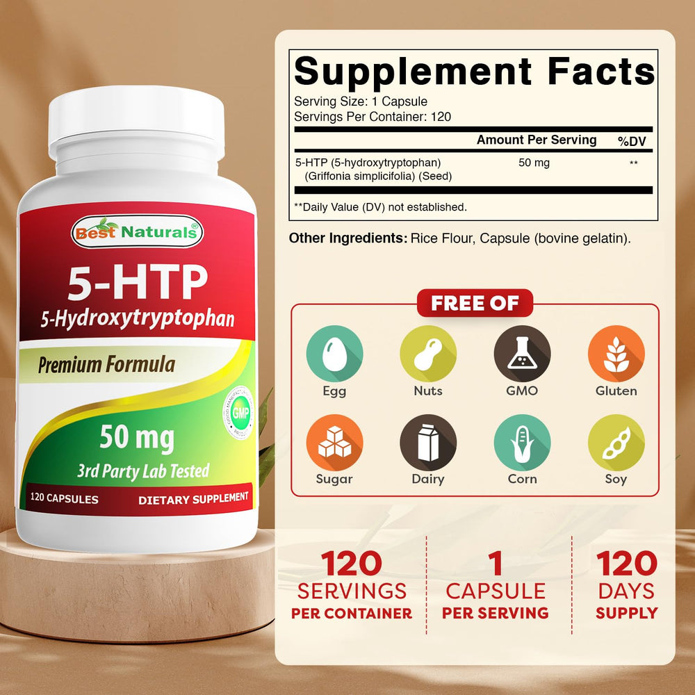 Closeup of Best Naturals 5-HTP capsules highlighting easy-to-swallow form for daily use