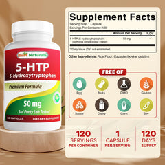 Closeup of Best Naturals 5-HTP capsules highlighting easy-to-swallow form for daily use