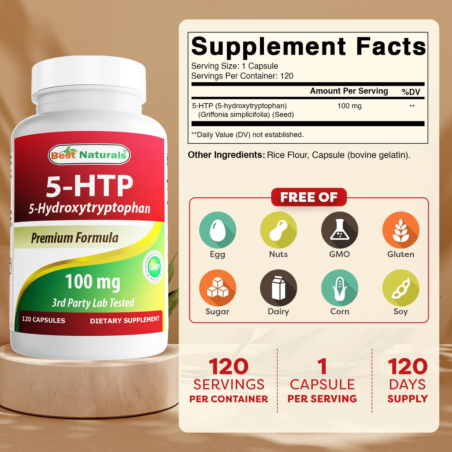 Best Naturals 5-HTP capsules close-up highlighting precise 100 mg dosage.