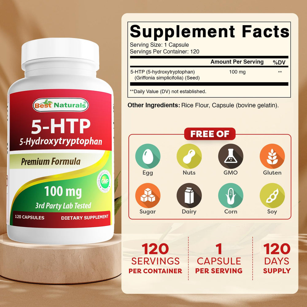 Best Naturals 5-HTP capsules close-up highlighting precise 100 mg dosage.