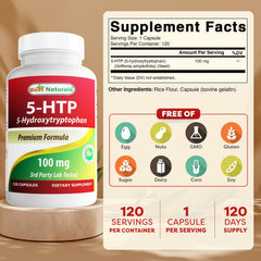Best Naturals 5-HTP capsules close-up highlighting precise 100 mg dosage.