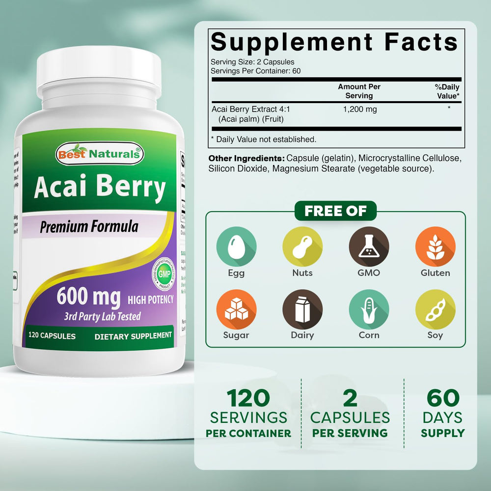 Best Naturals Acai Berry 600mg capsule closeup for daily antioxidant intake