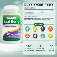 Best Naturals Acai Berry 600mg capsule closeup for daily antioxidant intake