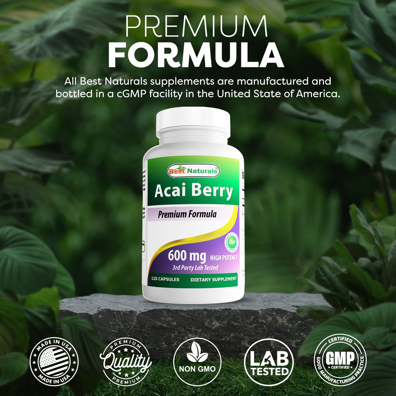 Best Naturals Acai Berry 600mg capsules in hand for convenient daily use
