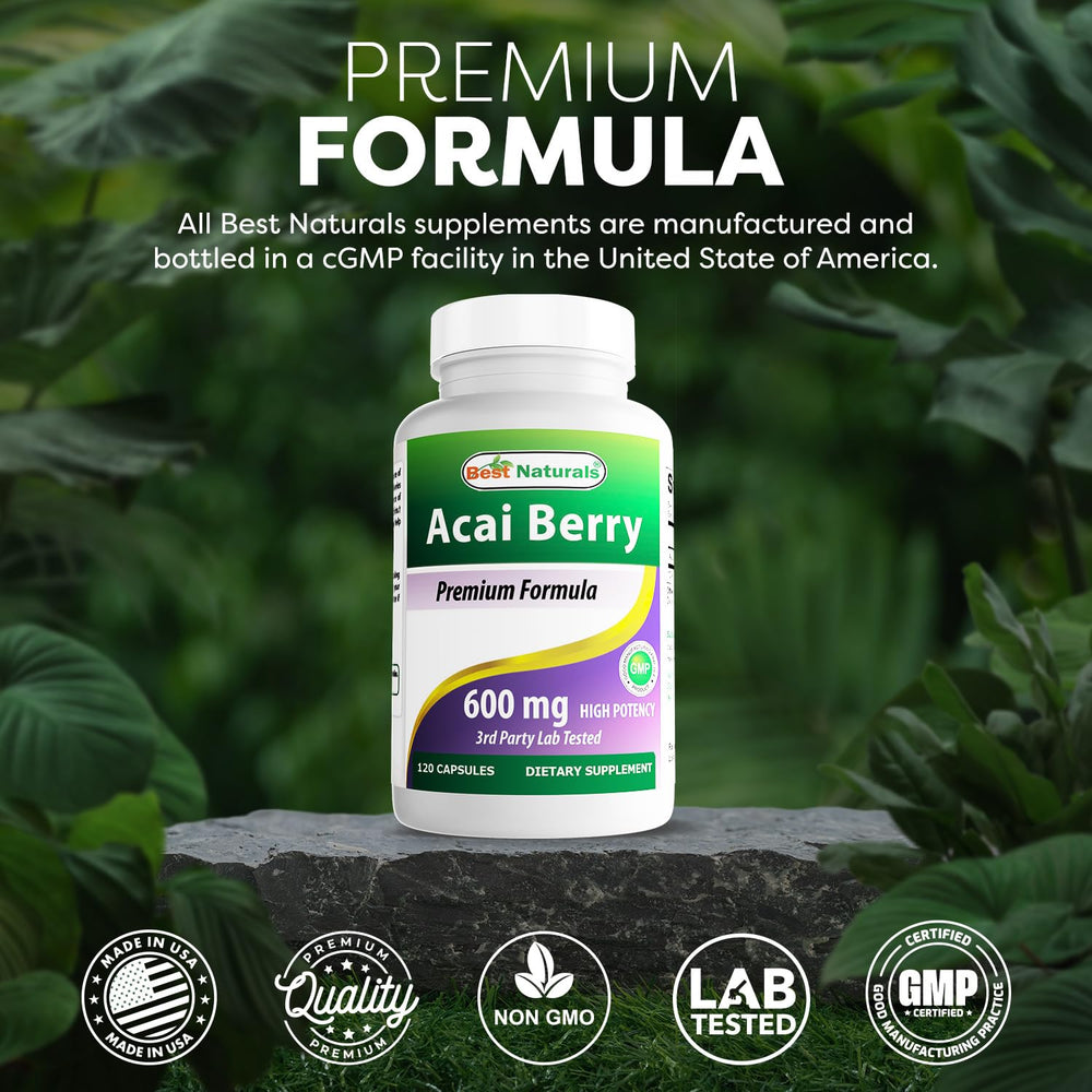 Best Naturals Acai Berry 600mg capsules in hand for convenient daily use