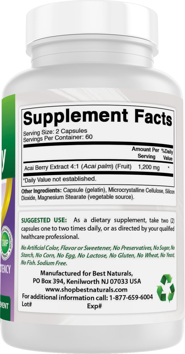Best Naturals Acai Berry 600mg ingredients panel emphasizing non-GMO gluten-free