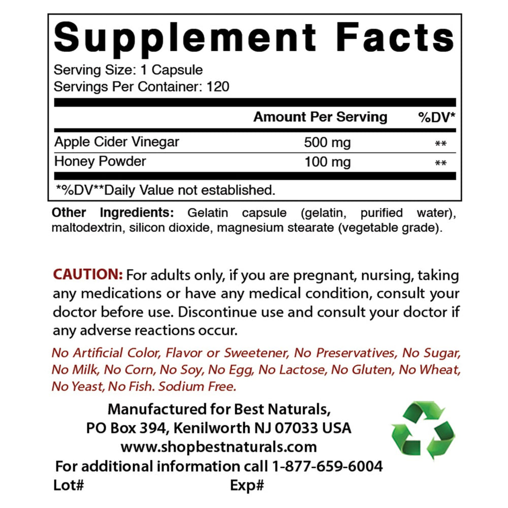 Best Naturals ACV Plus 600mg capsules pack showing 120-count bottle in a pack