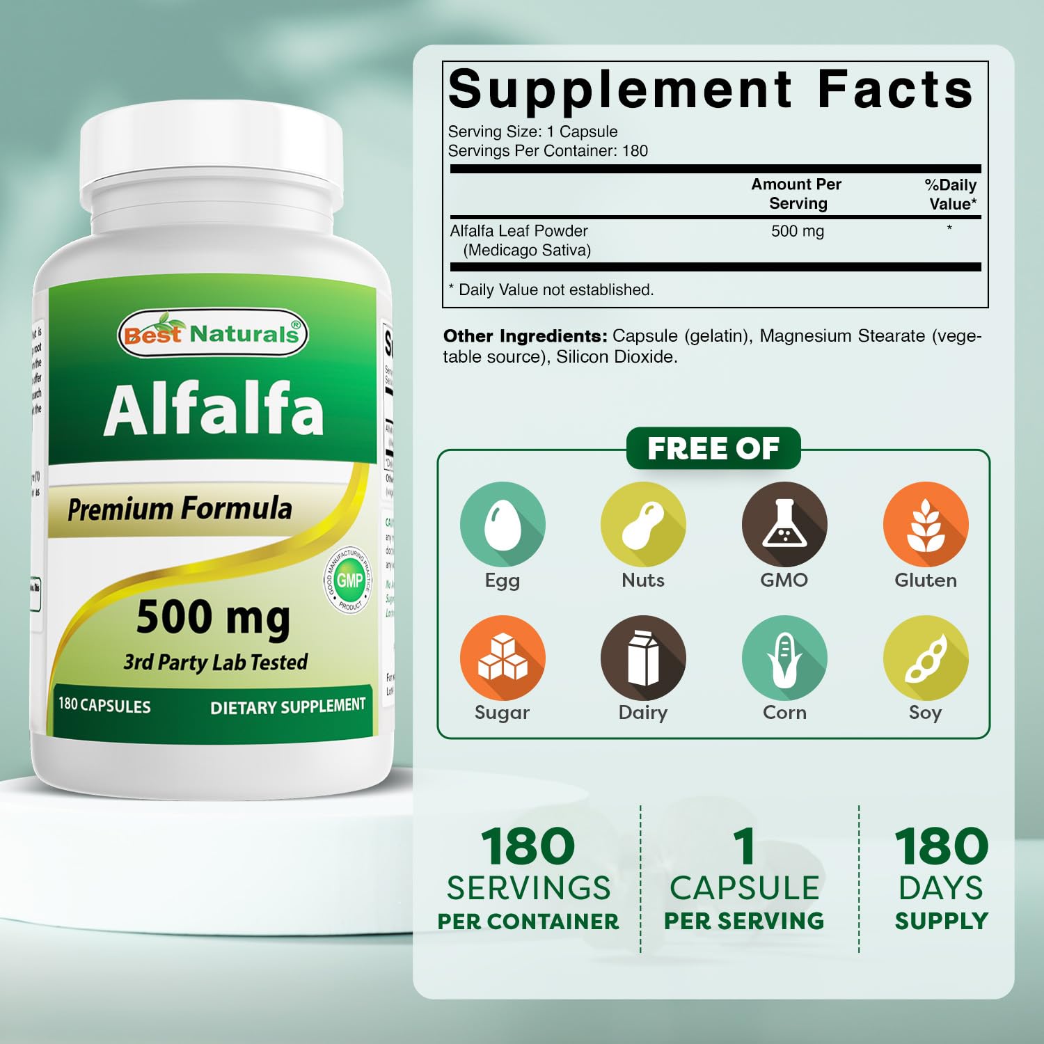 Best Naturals Alfalfa capsules close-up showing 500 mg per capsule.