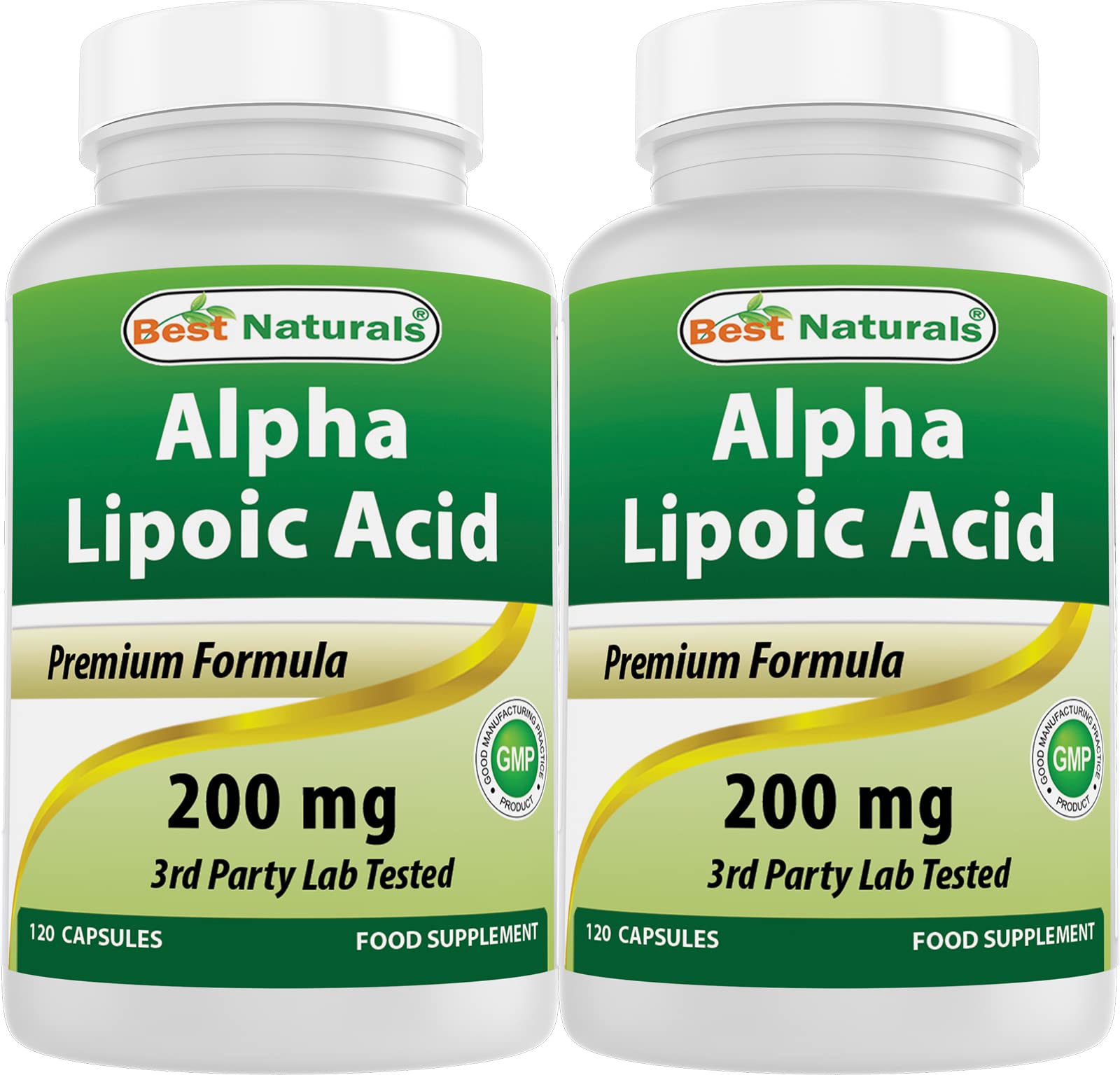 Best Naturals Alpha Lipoic Acid bottle close-up highlighting 200 mg per capsule for daily support