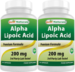 Best Naturals Alpha Lipoic Acid bottle close-up highlighting 200 mg per capsule for daily support