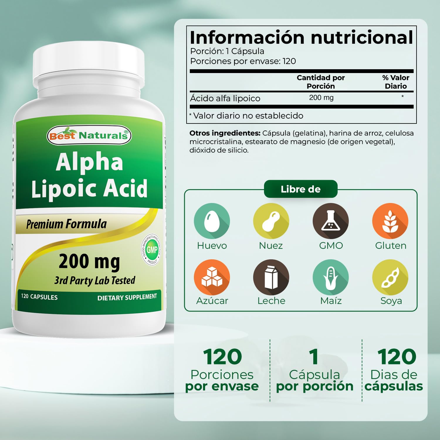 Close-up of Best Naturals Alpha Lipoic Acid capsules in bottle for easy daily use.