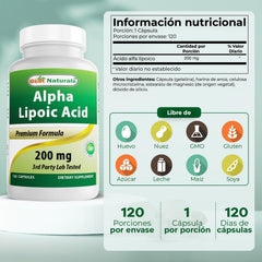 Close-up of Best Naturals Alpha Lipoic Acid capsules in bottle for easy daily use.