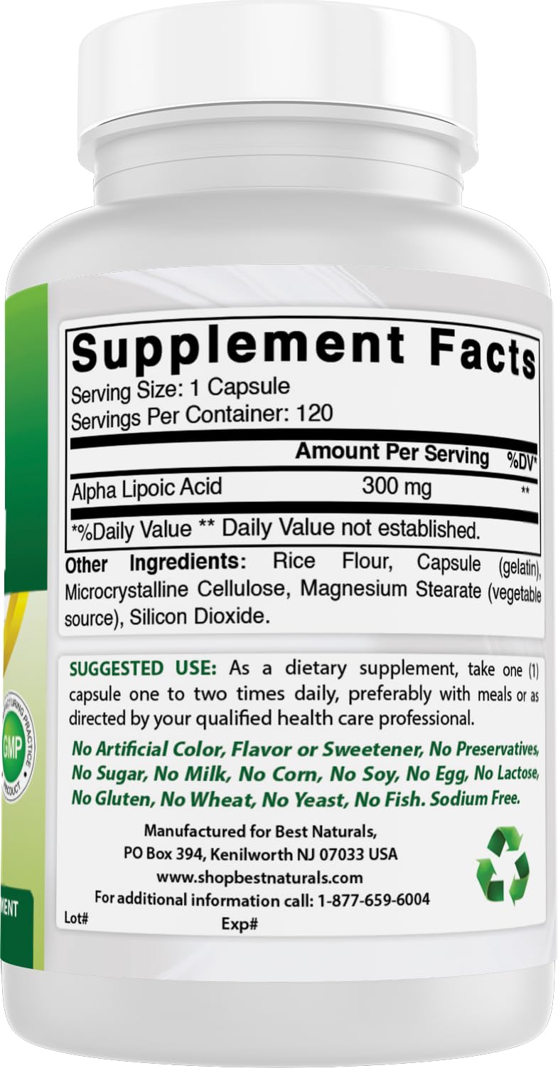 Best Naturals Alpha Lipoic Acid 300 mg capsules being poured for dosing.