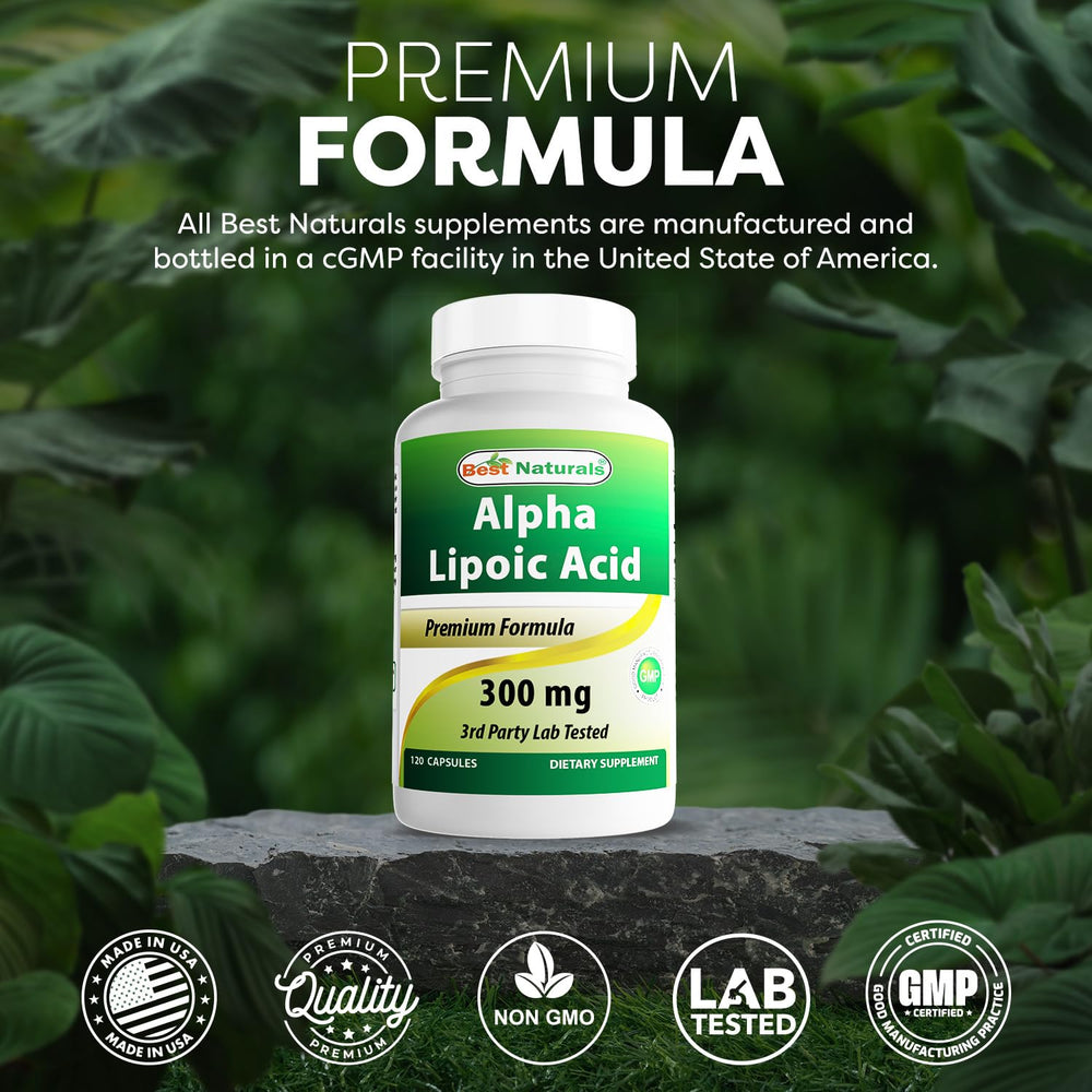 Best Naturals Alpha Lipoic Acid 300 mg glass bottle on a shelf projecting quality.