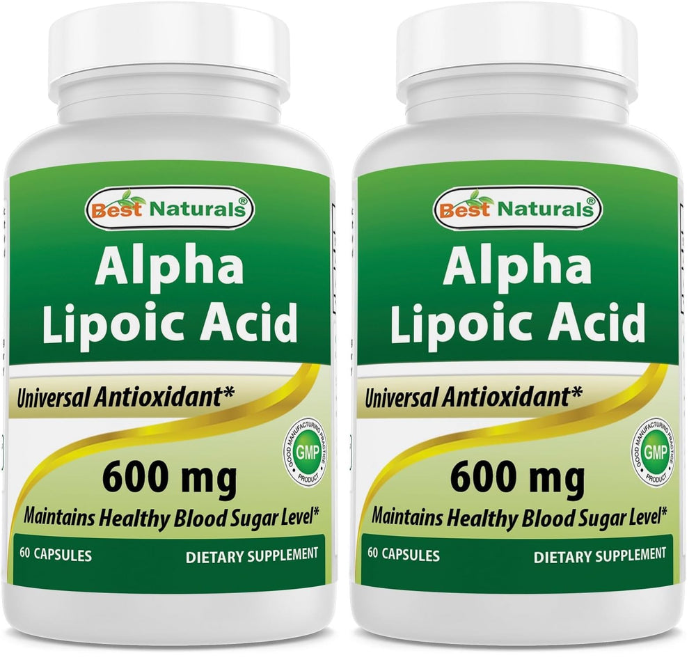 Best Naturals Alpha Lipoic Acid 600 mg bottle front with label; antioxidant support.