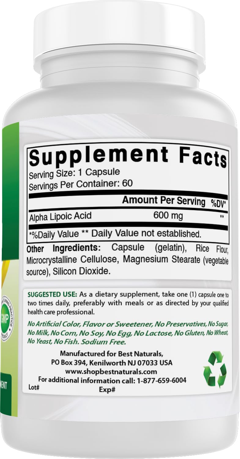 Nutrition facts panel on Best Naturals Alpha Lipoic Acid bottle.