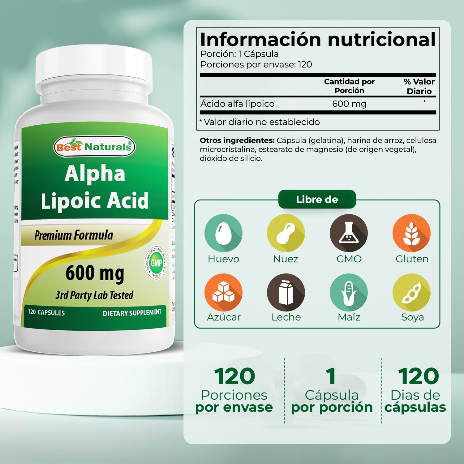 Best Naturals Alpha Lipoic Acid 600 mg bottle back lists ingredients for transparency