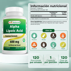 Best Naturals Alpha Lipoic Acid 600 mg bottle back lists ingredients for transparency