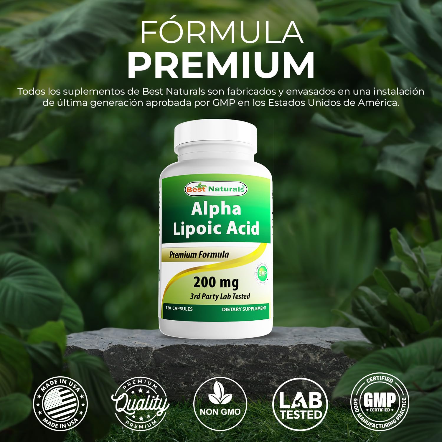 Best Naturals Alpha Lipoic Acid capsules with gluten-free, non-GMO labeling for reassurance.