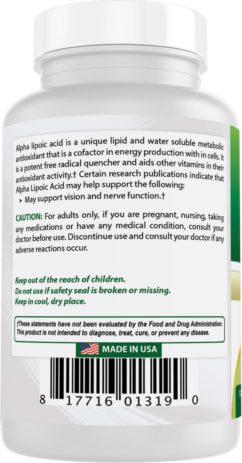 Best Naturals Alpha Lipoic Acid bottle featuring nutrition facts and sugar-free ingredients