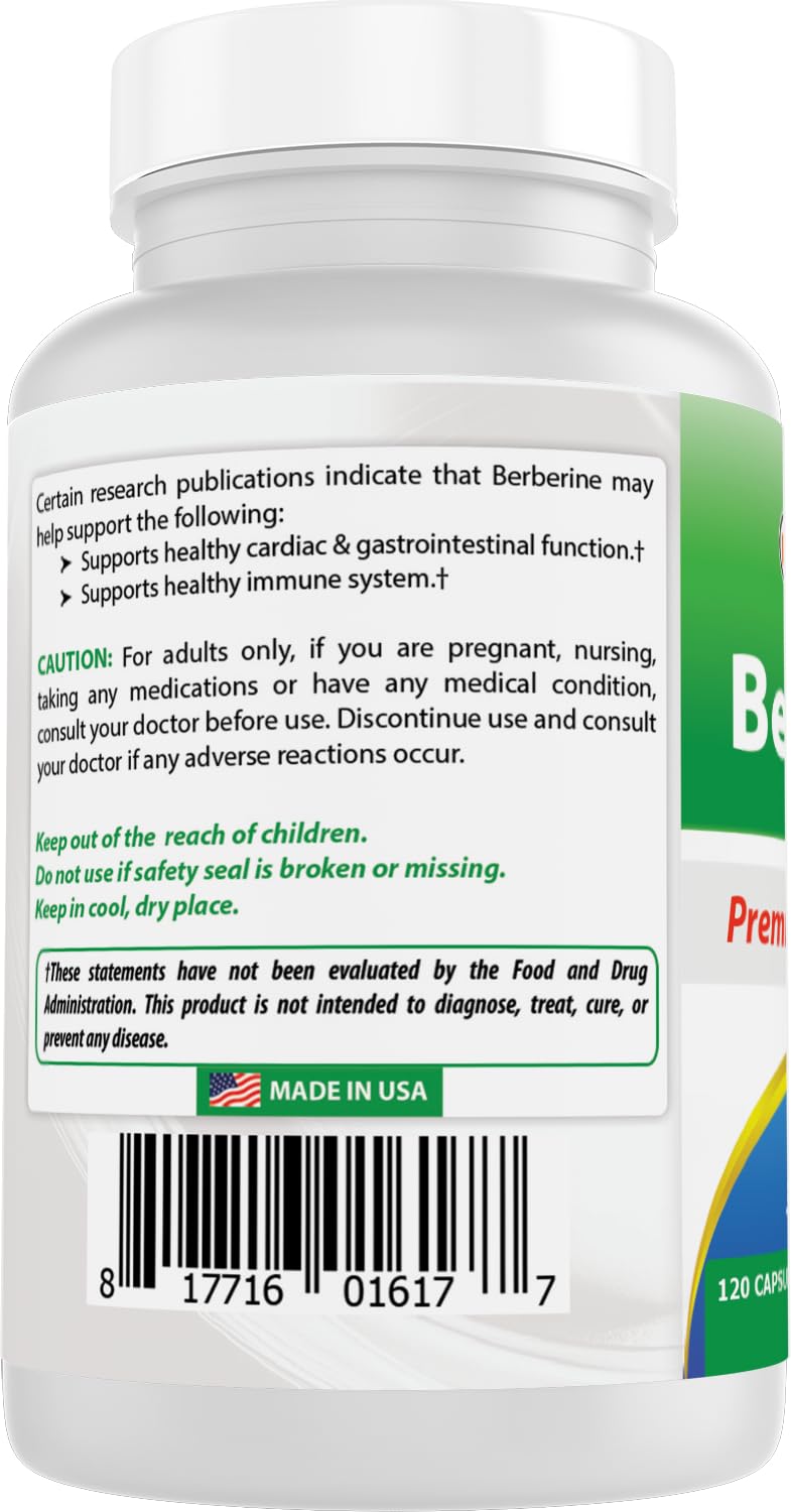 Best Naturals Berberine amber bottle display emphasizing GMO-free and gluten-free formula