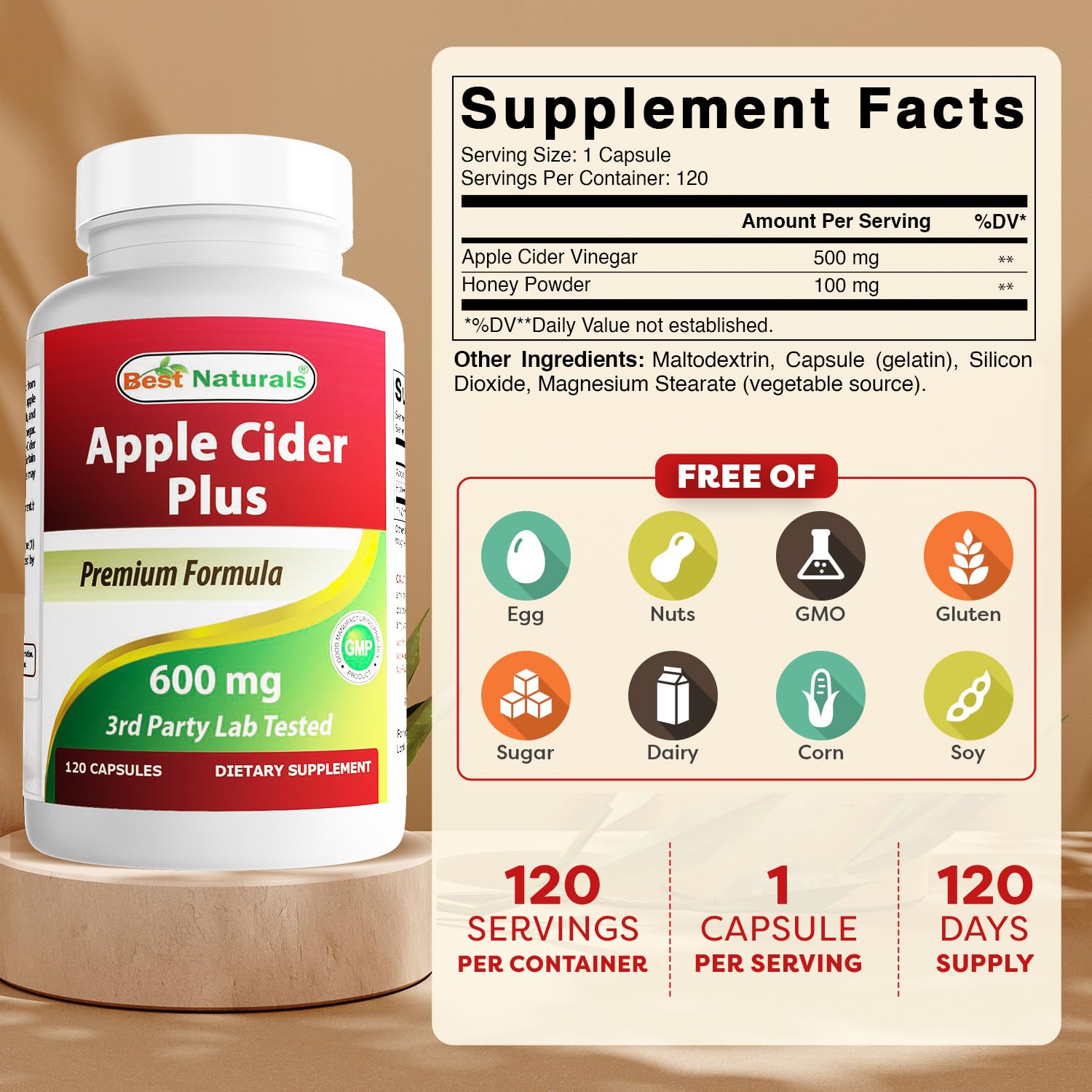 Best Naturals Apple Cider Vinegar Plus bottle side view showing capsule format for easy daily use.