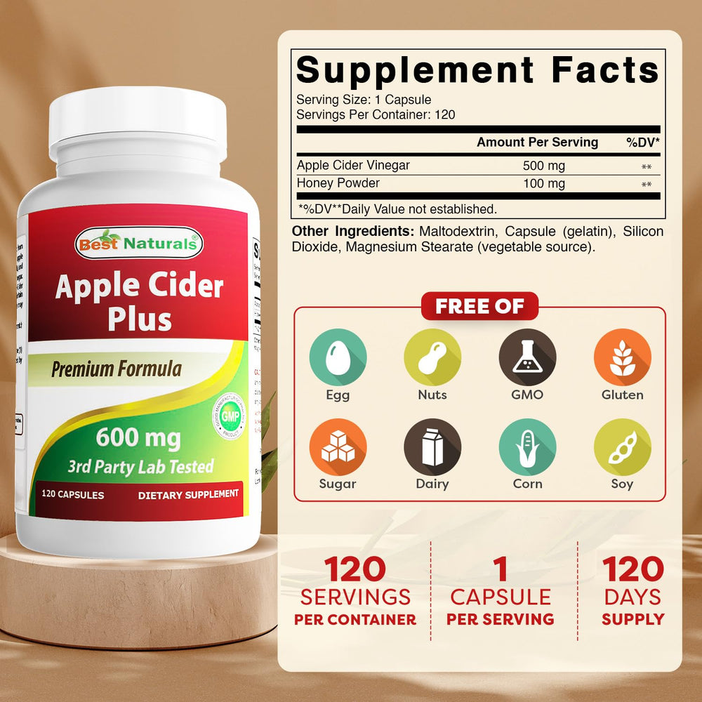 Best Naturals Apple Cider Vinegar Plus bottle side view showing capsule format for easy daily use.