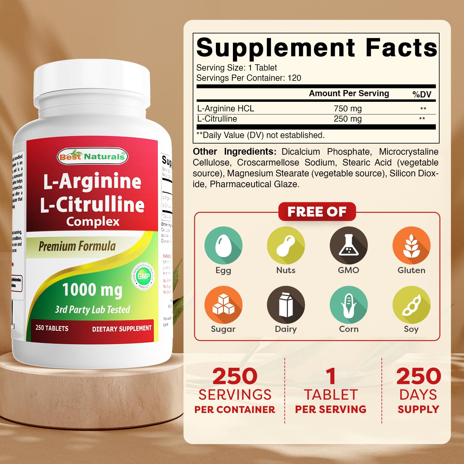Best Naturals L-Arginine L-Citrulline tablets close-up showing 1000 mg per tablet