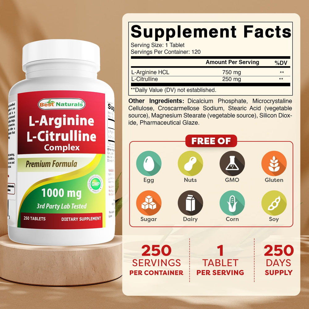 Best Naturals L-Arginine L-Citrulline tablets close-up showing 1000 mg per tablet