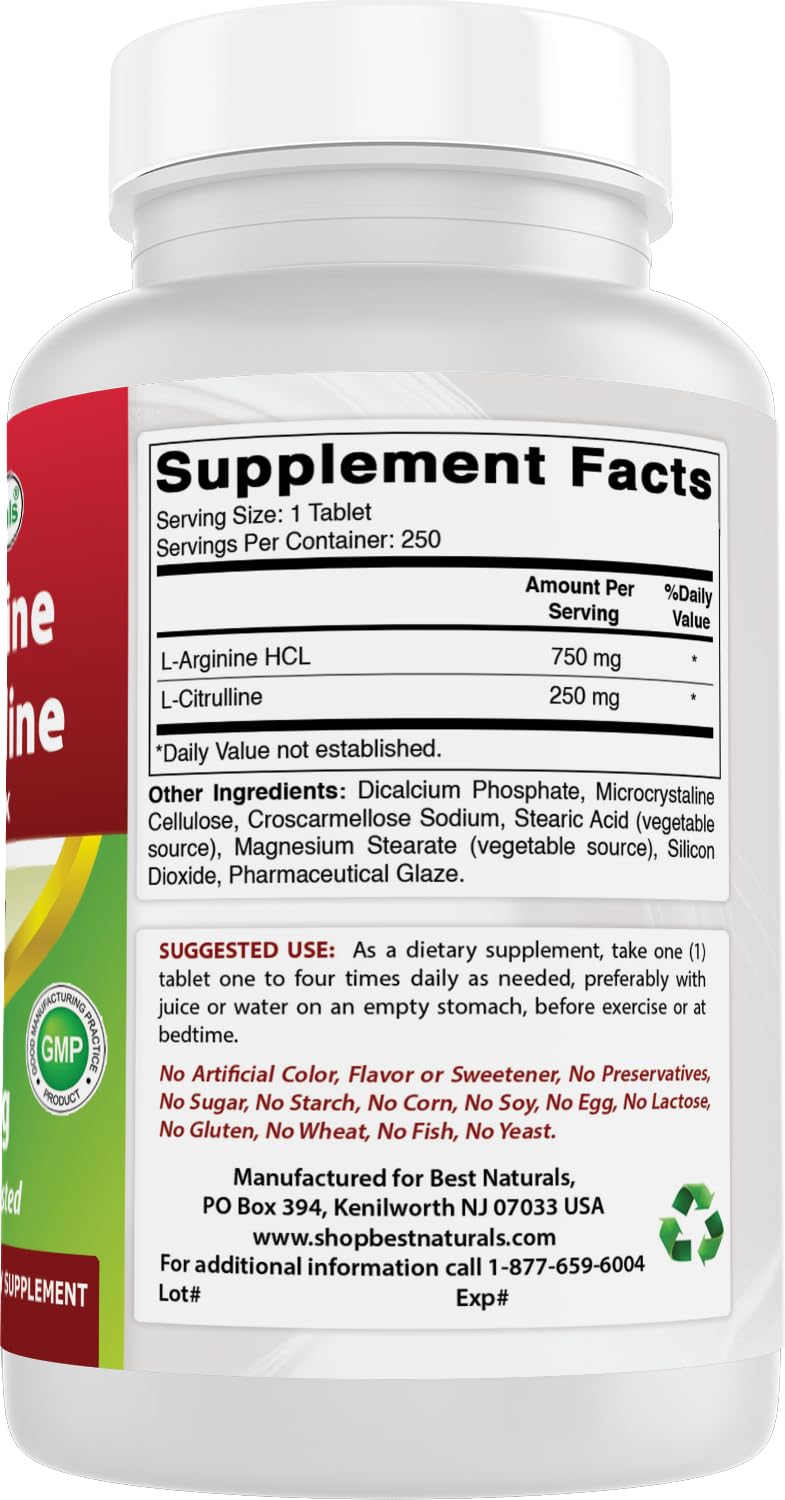 Best Naturals L-Arginine L-Citrulline Tablets non-GMO gluten-free claim—suitable for sensitive diets.