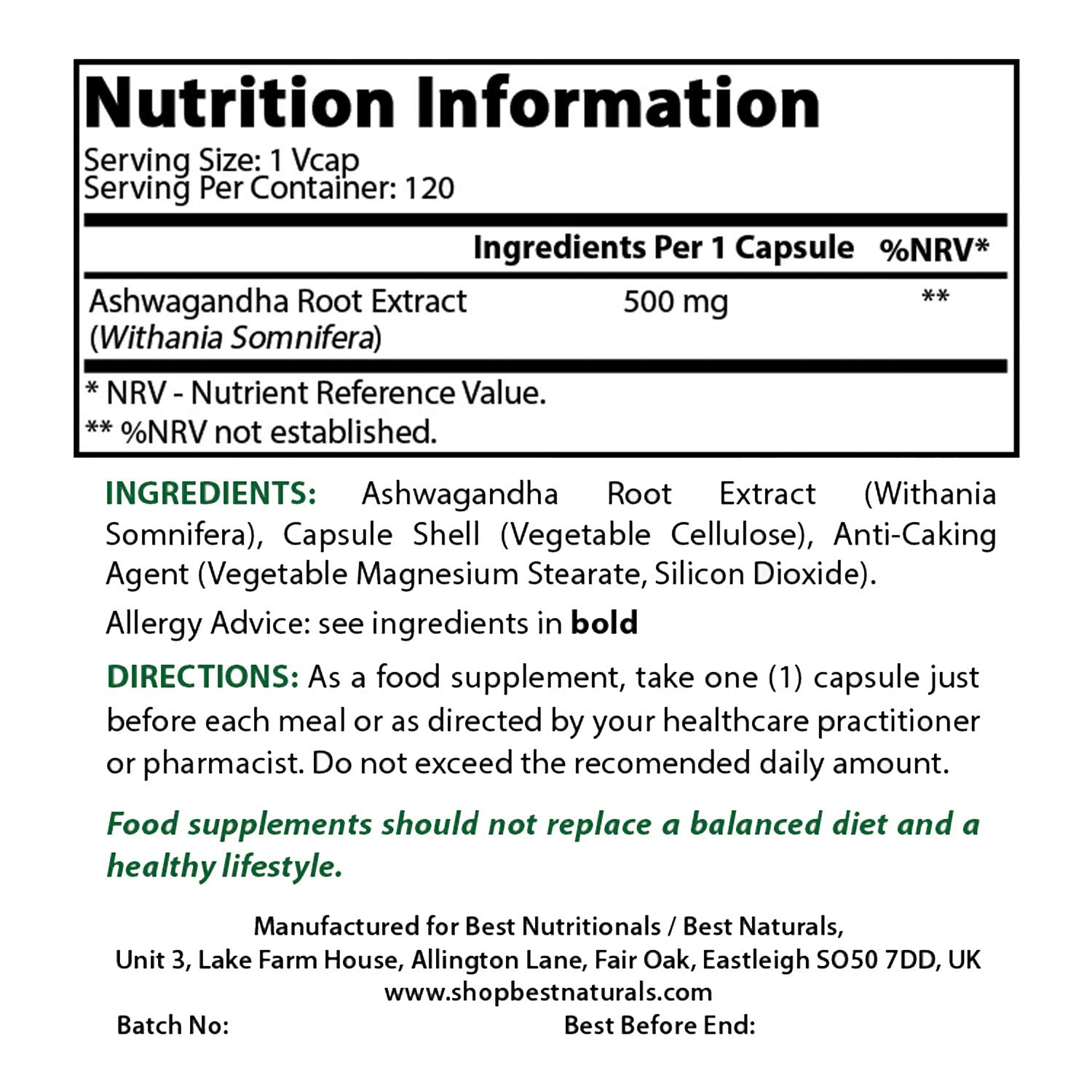 Best Naturals Ashwagandha capsules bottle back label shows purity and USA-made quality