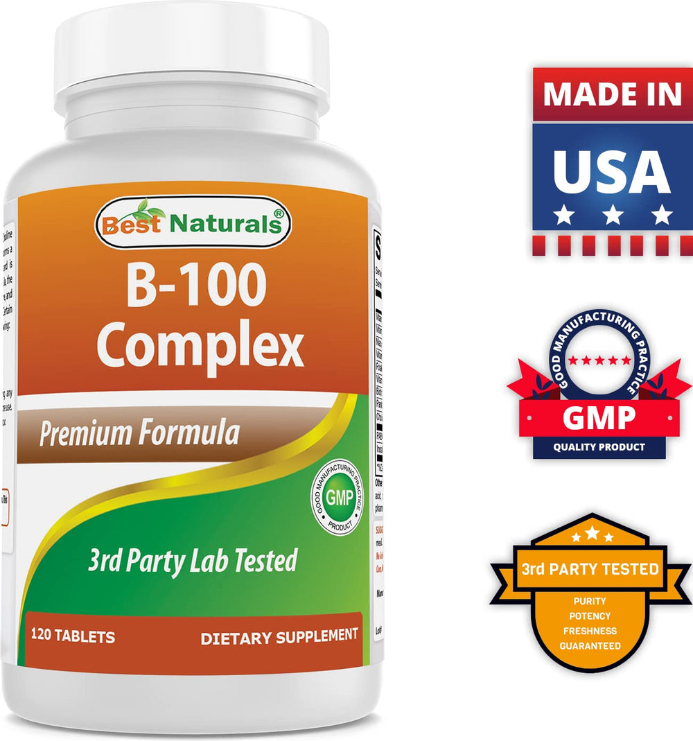 Best Naturals B-100 Complex ingredient list signals purity and allergen information.