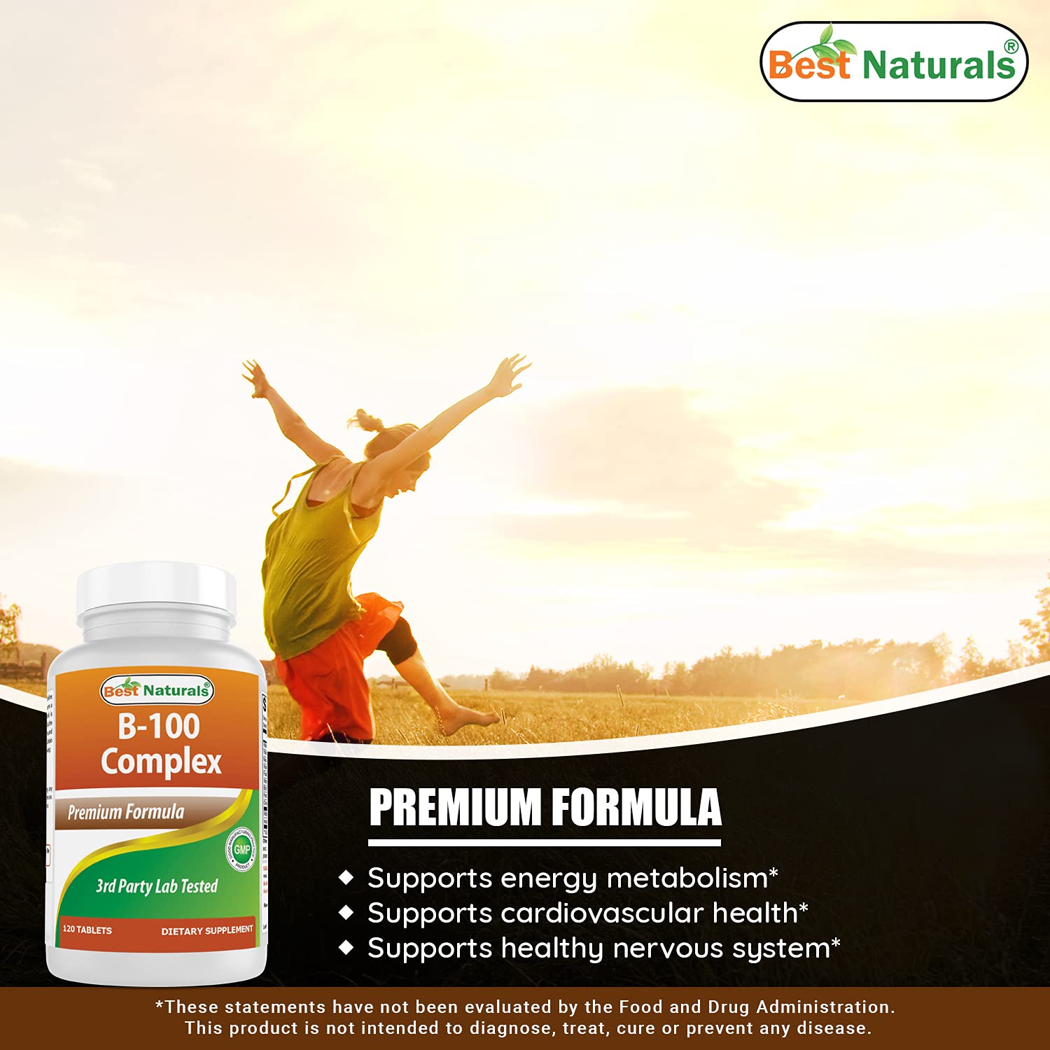 Best Naturals B-100 Complex tablets close-up highlights compact pills for easy swallowing.