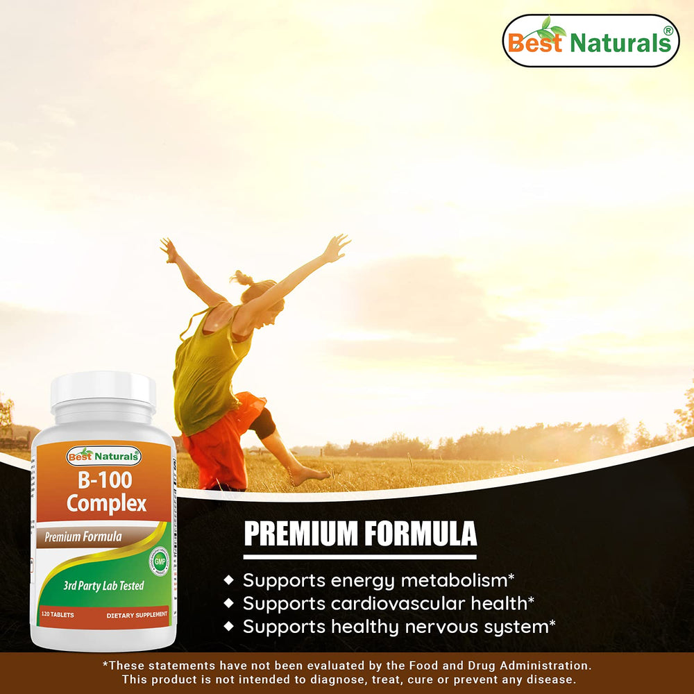 Best Naturals B-100 Complex tablets close-up highlights compact pills for easy swallowing.