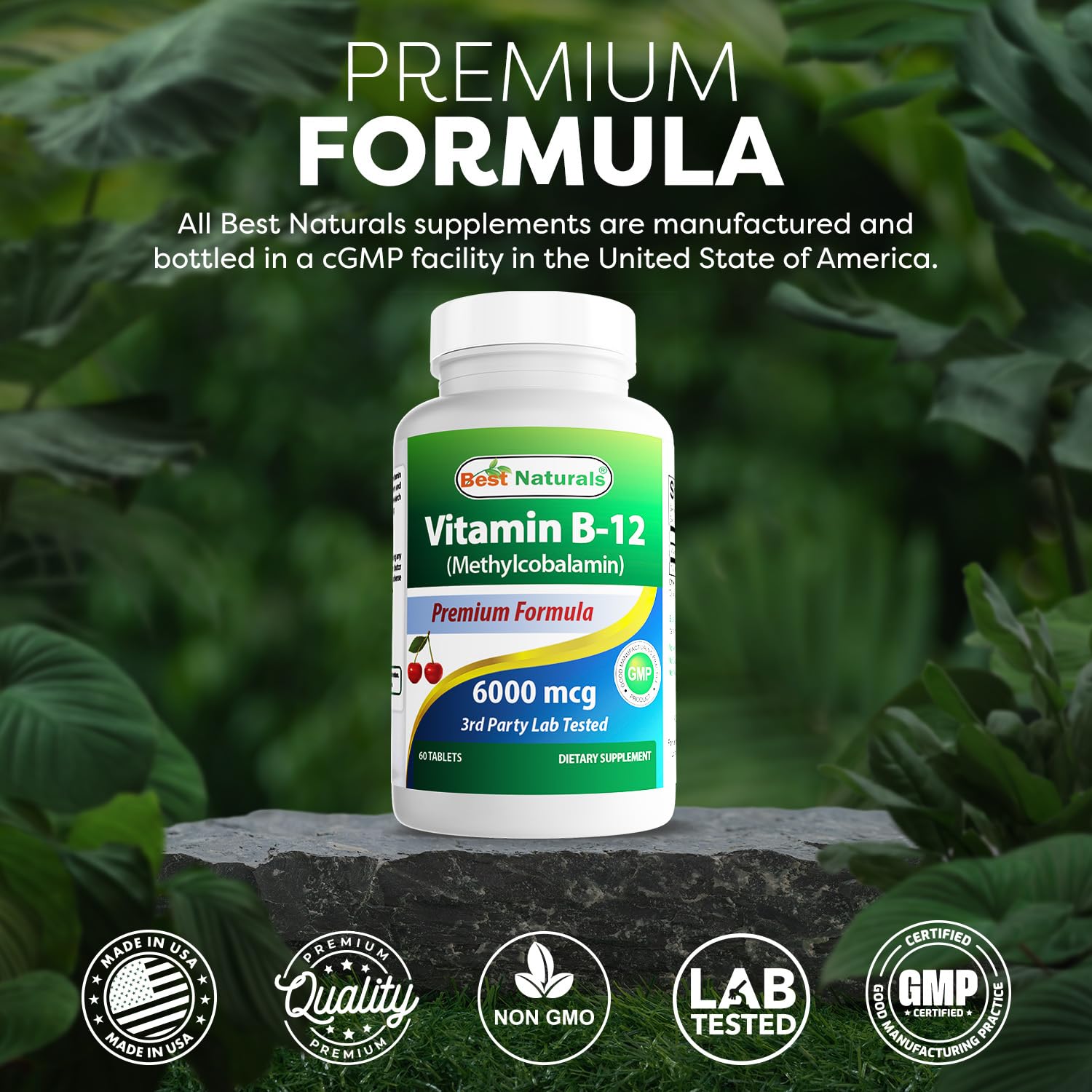 Best Naturals B-12 glass bottle conveys premium packaging.