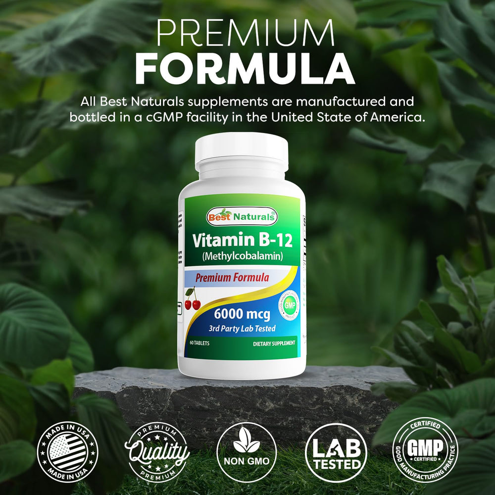 Best Naturals B-12 glass bottle conveys premium packaging.