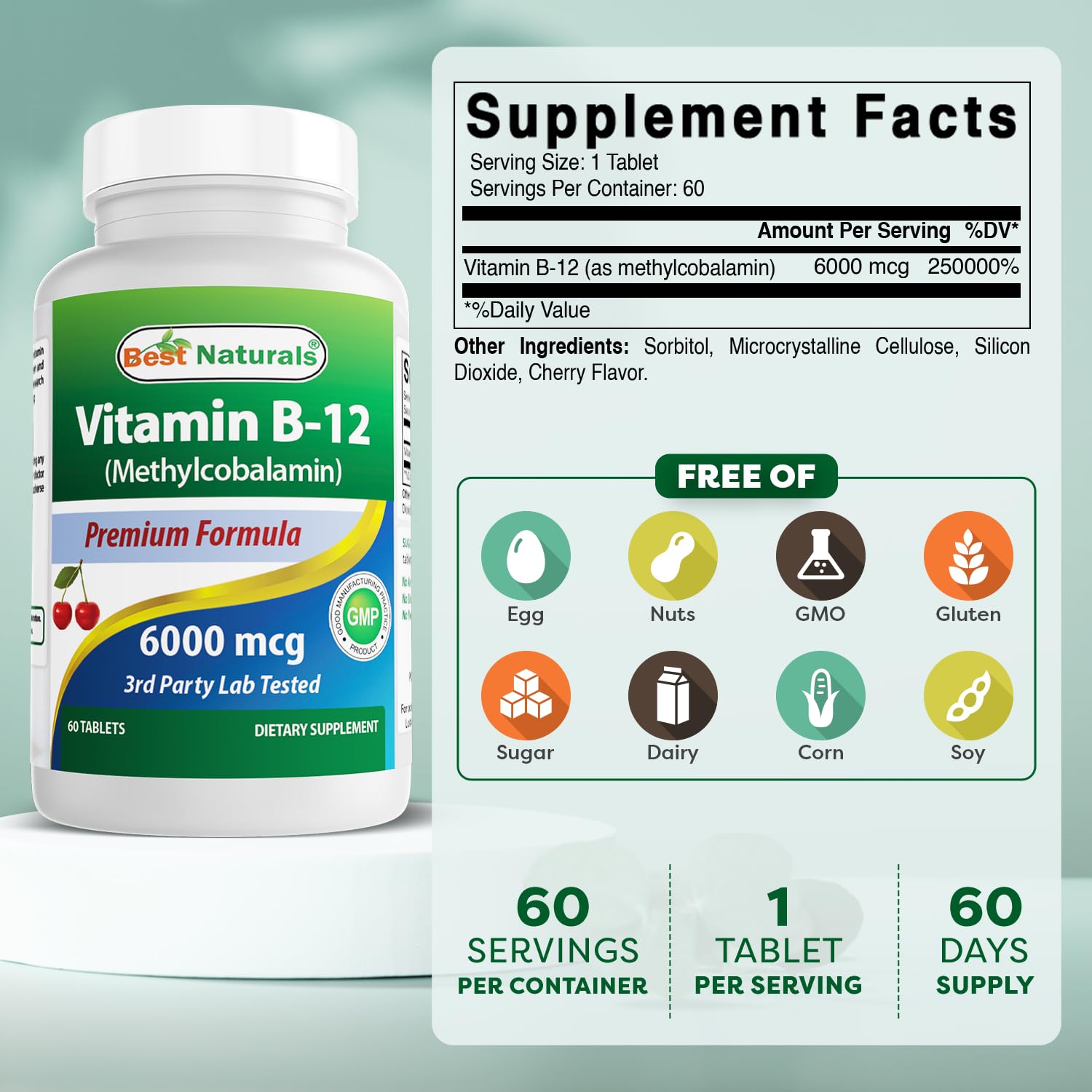 Best Naturals B-12 tablet back with dosage details.