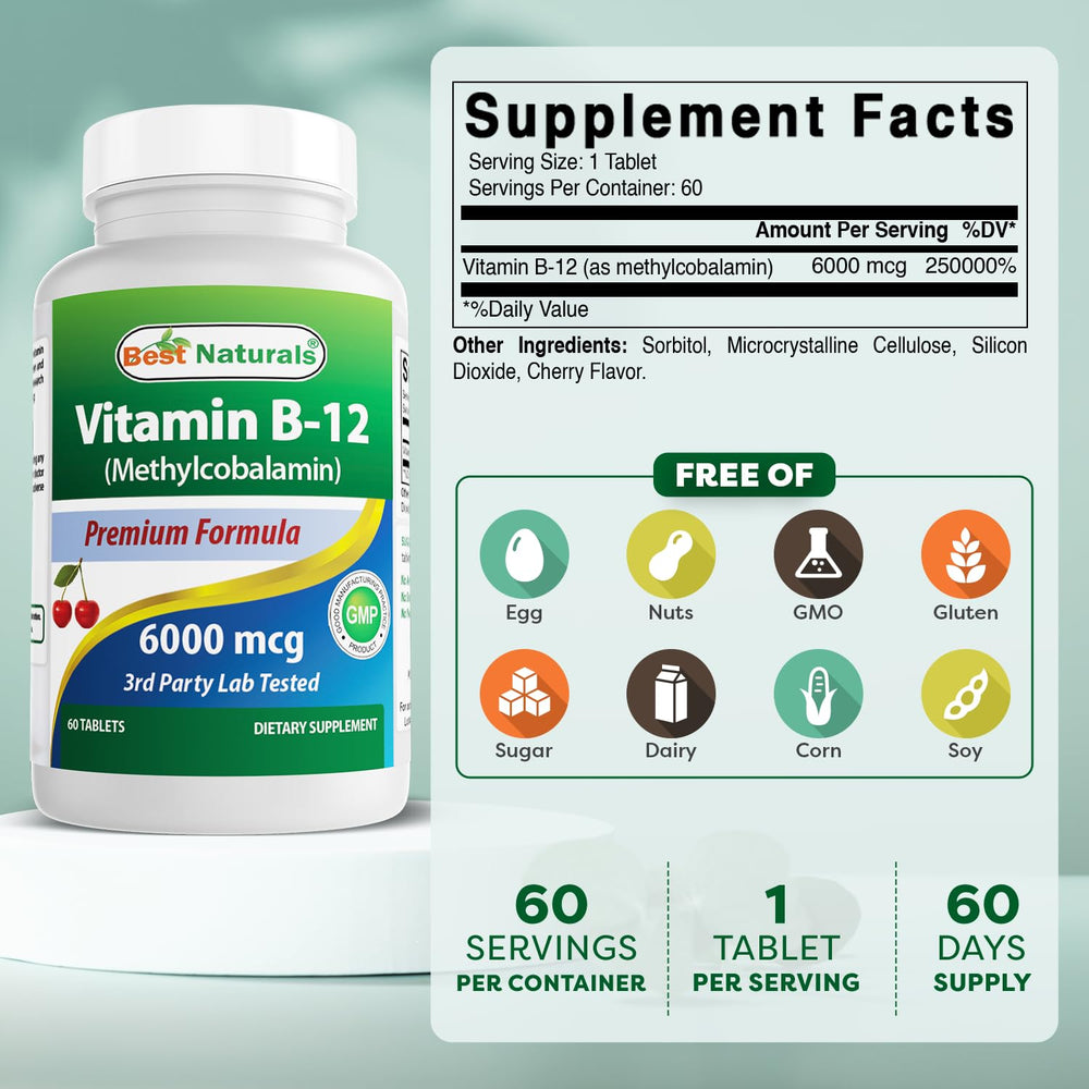 Best Naturals B-12 tablet back with dosage details.