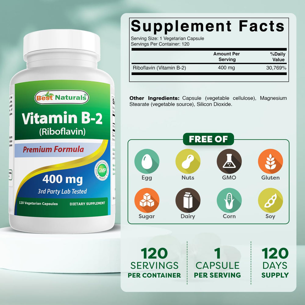 Best Naturals B2 riboflavin bottle pour showing easy to swallow capsules on the go