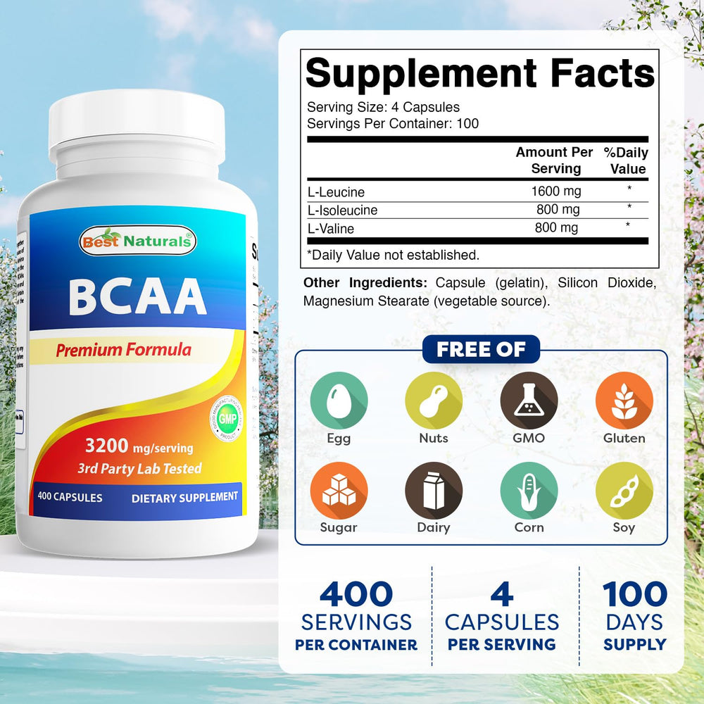 Best Naturals BCAAs capsules pack highlights 400-count supply for ongoing training.