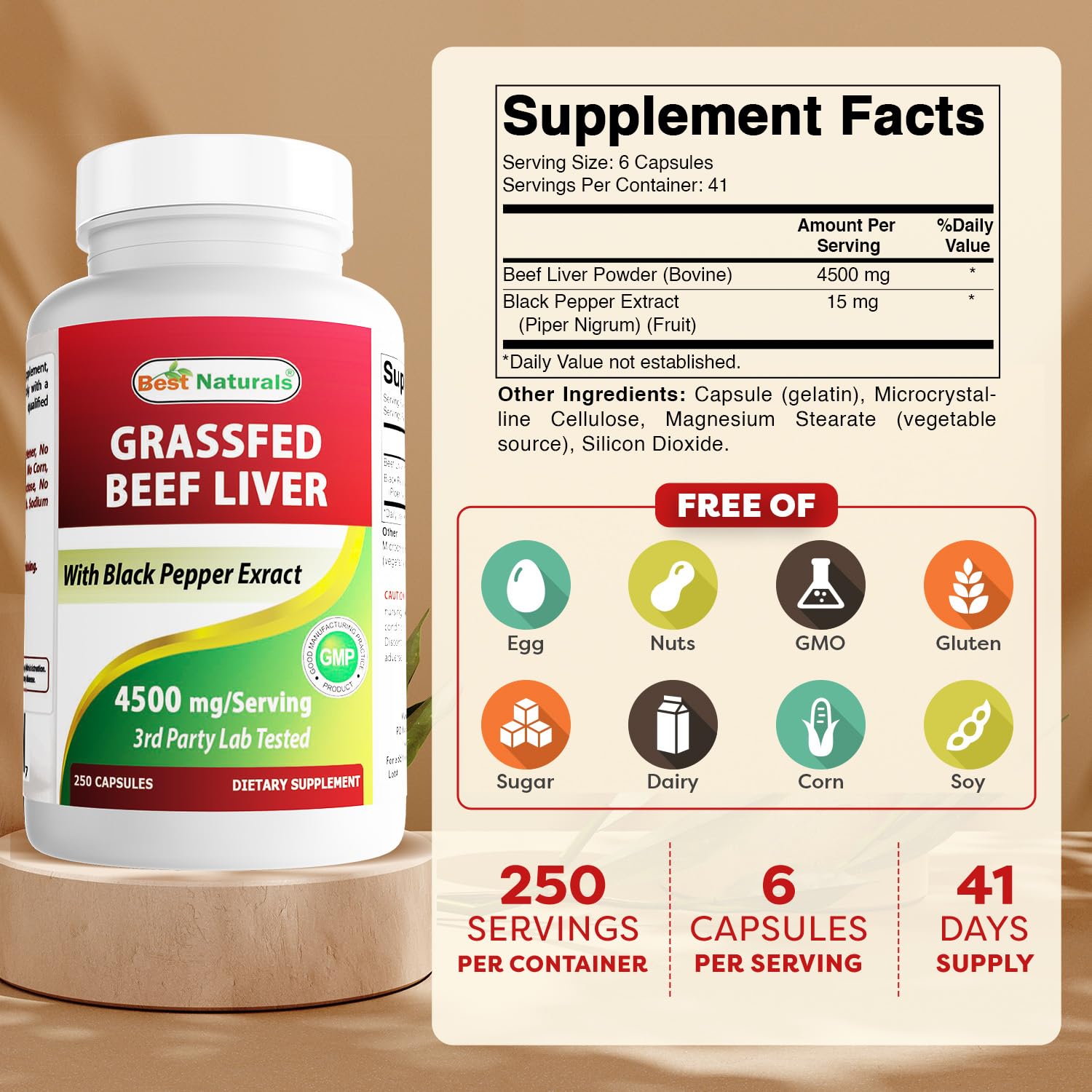 Best Naturals beef liver capsules close-up showing desiccated supplement form for digestion support.