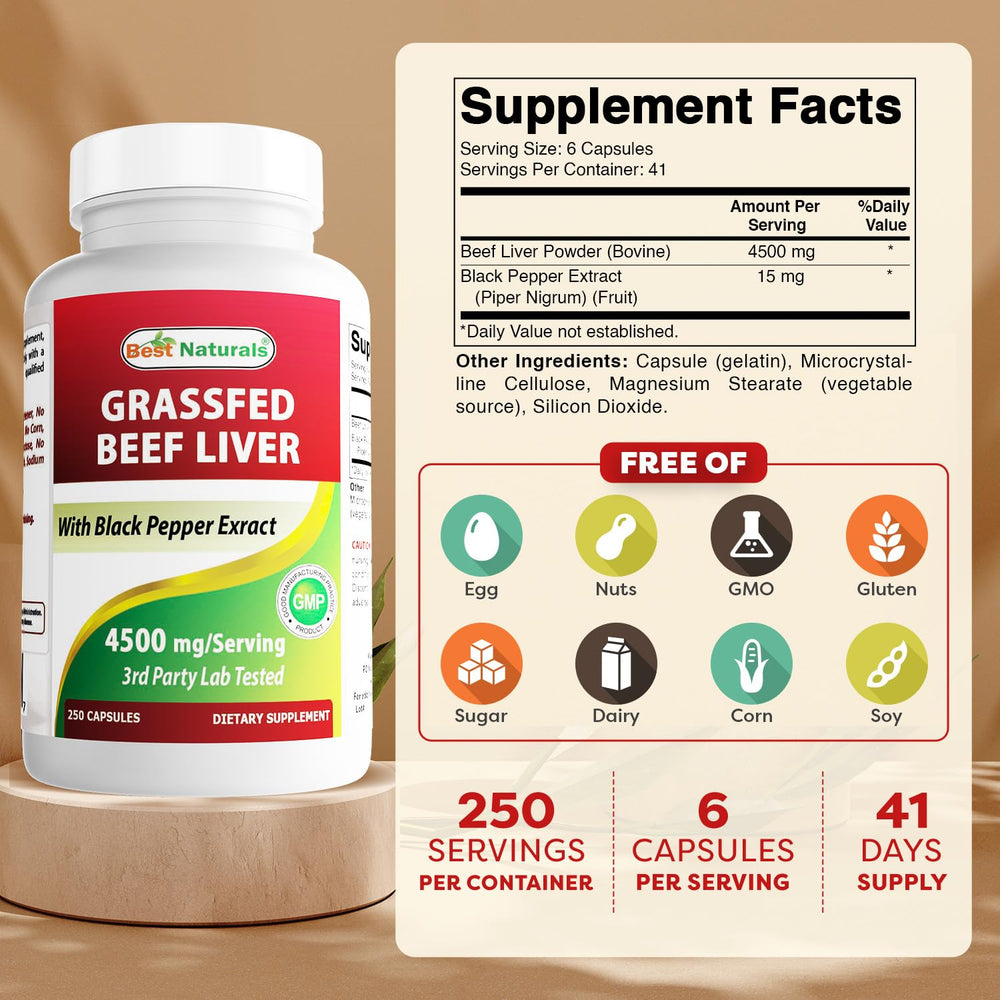 Best Naturals beef liver capsules close-up showing desiccated supplement form for digestion support.