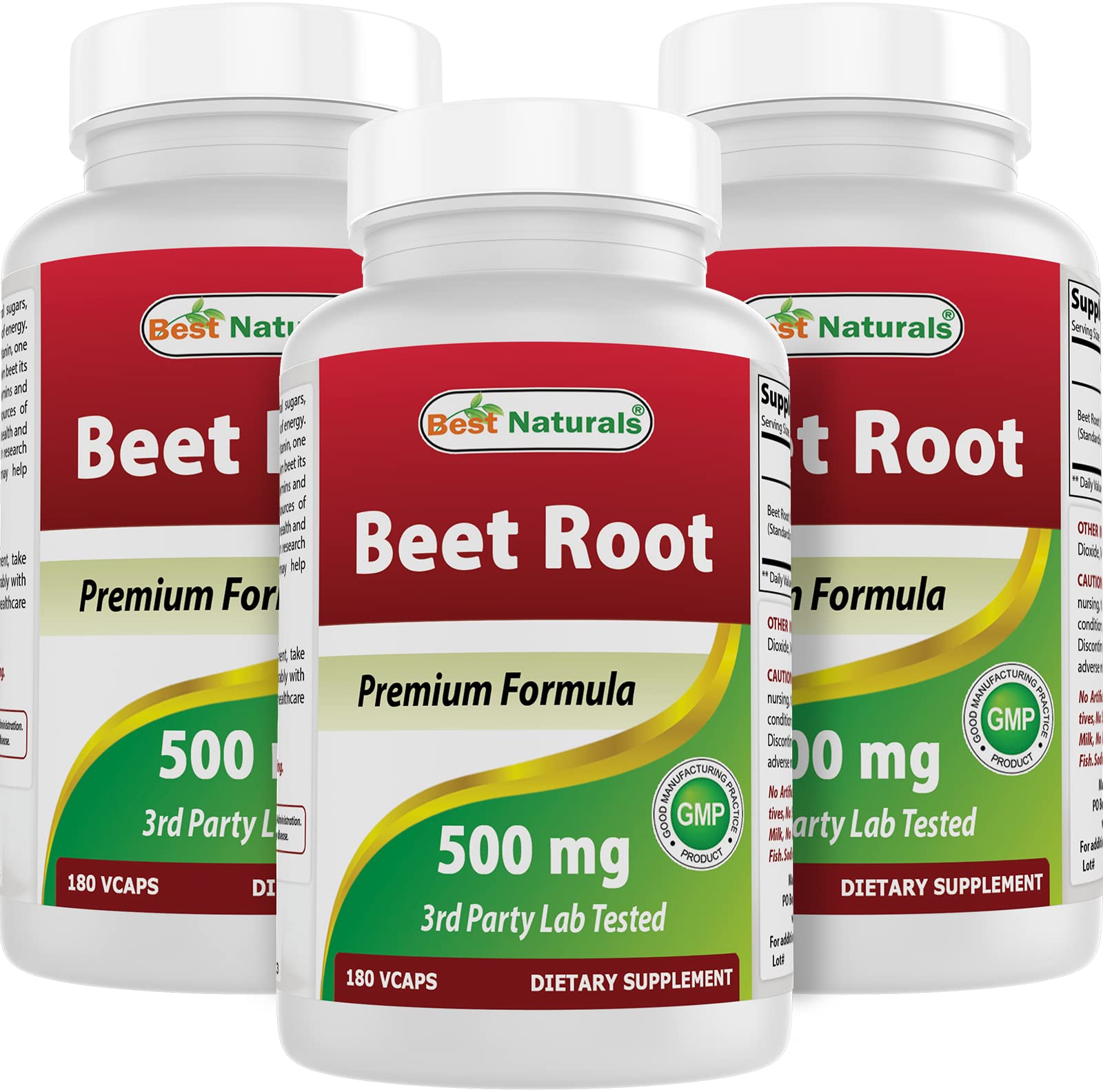 Best Naturals Beet Root Powder capsules bottle showing 500 mg per serving for daily use