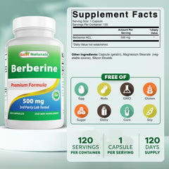 Best Naturals Berberine 500mg capsules close-up showing consistent dose